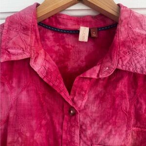 Anthropologie Pilco Fuschia Embroidered Floral Button Down Shirt